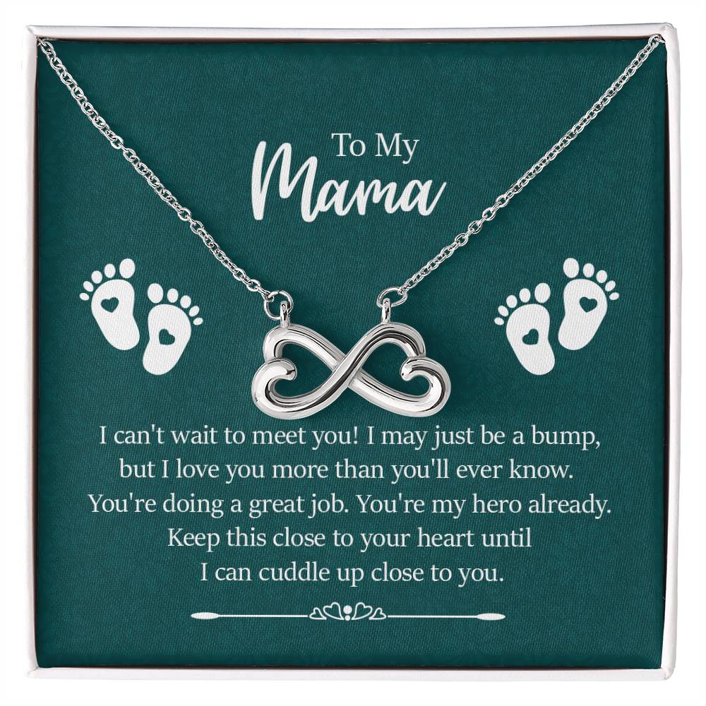 Gift card with the Endless Love Necklace featuring a heart-shaped infinity symbol in 14k white gold finish, hand-polished for a magnificent shine, dimensions 0.5 inches in height and 1 inch in width, suspended on a 16 to 22-inch adjustable cable chain with a lobster clasp, inscribed with 'I'll love you till the end of time.