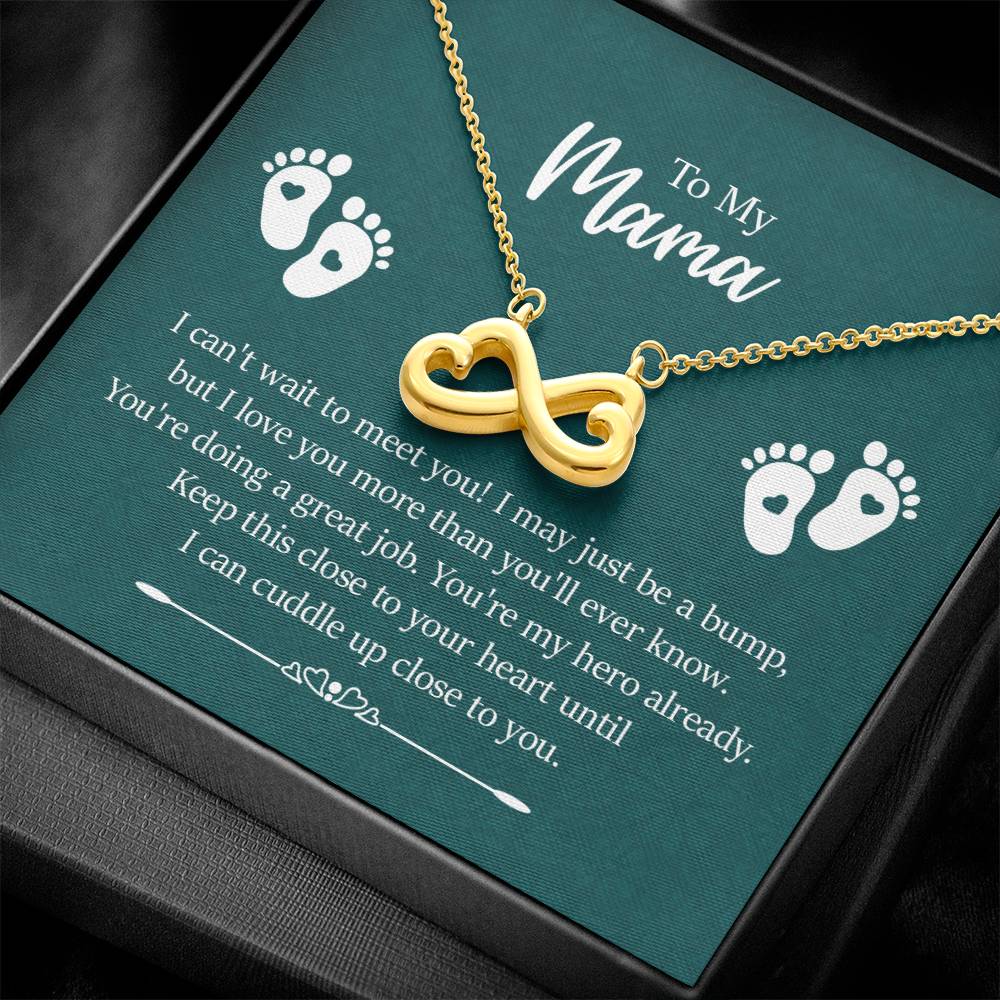 Endless Love Necklace on a gift card, showcasing a heart-shaped infinity symbol in 18k yellow gold finish, artisan-crafted and hand-polished, dimensions 0.5 inches in height and 1 inch in width, hanging elegantly on a 16 to 22-inch adjustable cable chain with a lobster clasp, and inscribed with 'I'll love you till the end of time.