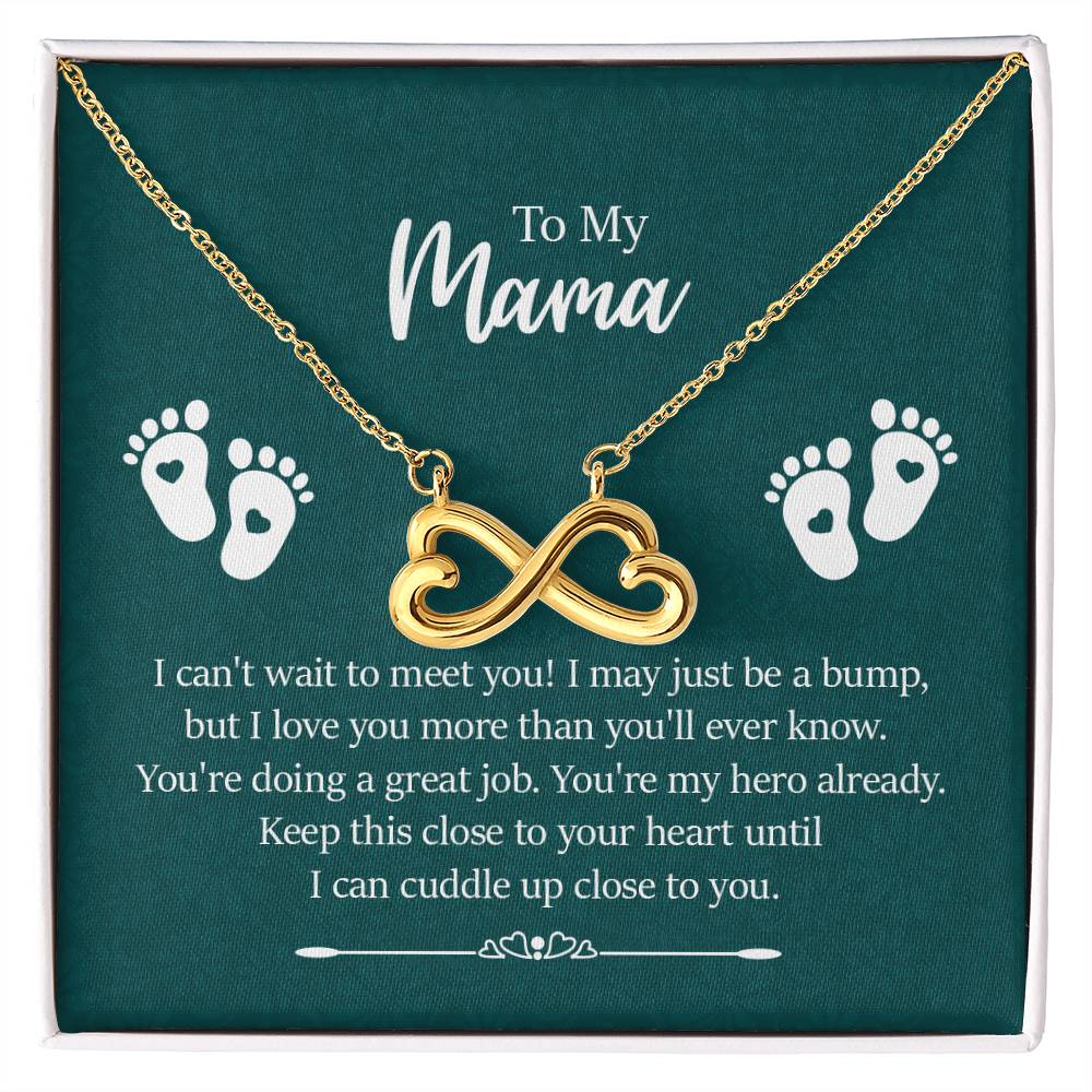 Endless Love Necklace on a gift card, showcasing a heart-shaped infinity symbol in 18k yellow gold finish, artisan-crafted and hand-polished, dimensions 0.5 inches in height and 1 inch in width, hanging elegantly on a 16 to 22-inch adjustable cable chain with a lobster clasp, and inscribed with 'I'll love you till the end of time.