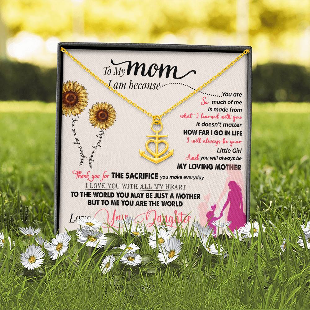 gift card with a combination heart and ship anchor pendant necklace Material is Gold finish over stainless steel
