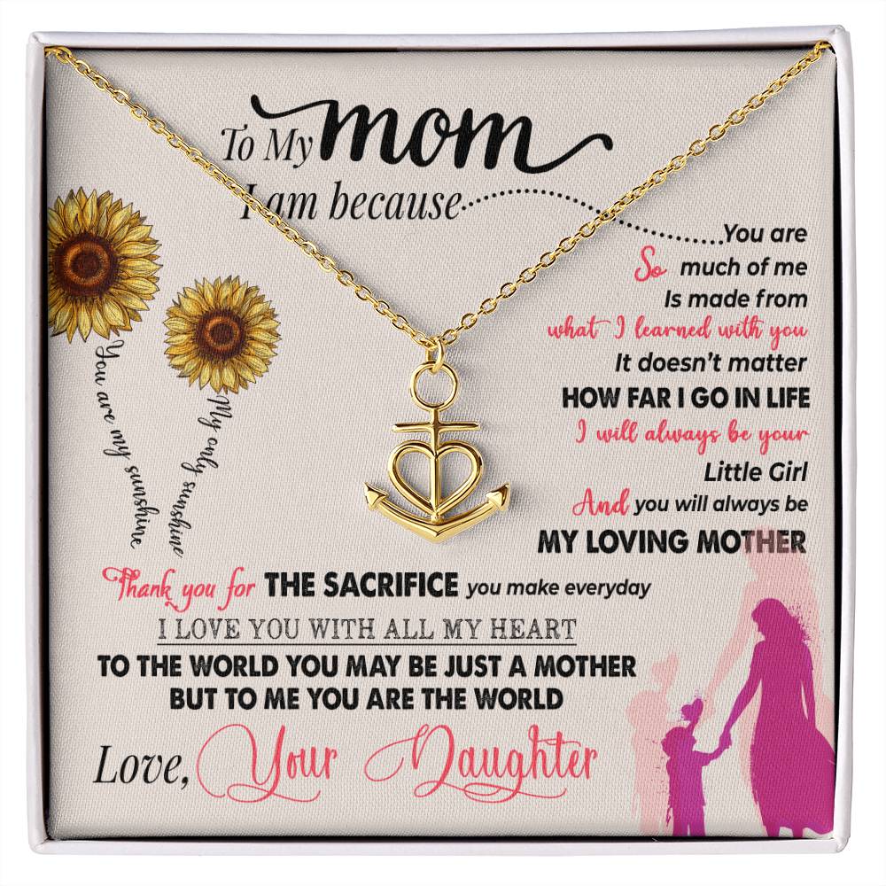 gift card with a combination heart and ship anchor pendant necklace Material is Gold finish over stainless steel
