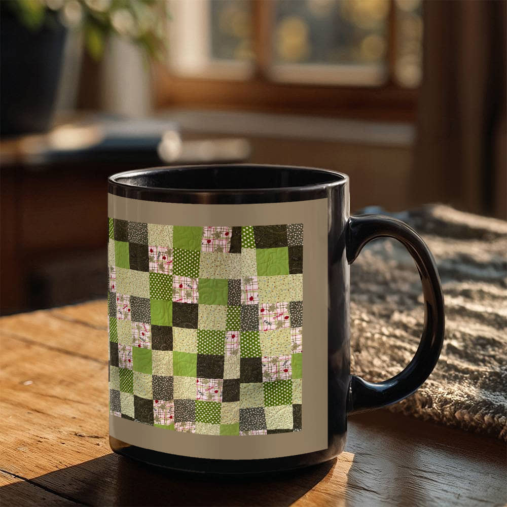 Green quilt for Black Ceramic Mug Gray border