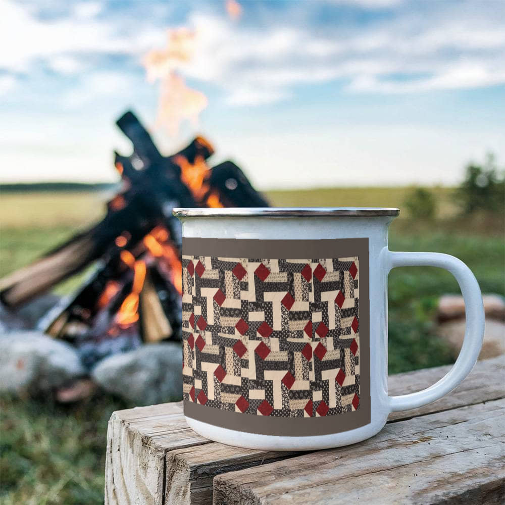 Red diamond quilt mug brown background