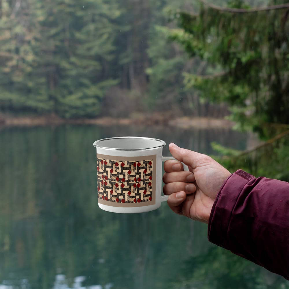 Red diamond quilt mug brown background