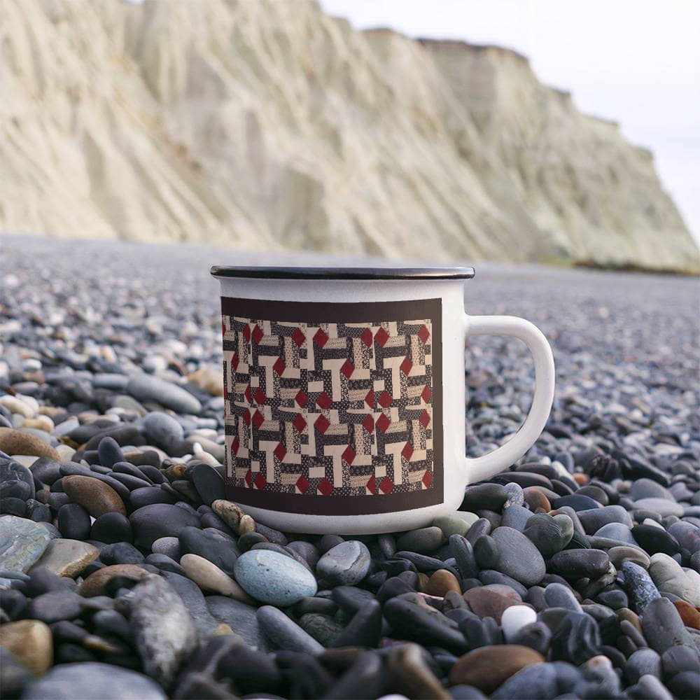 Red diamond quilt mug black background
