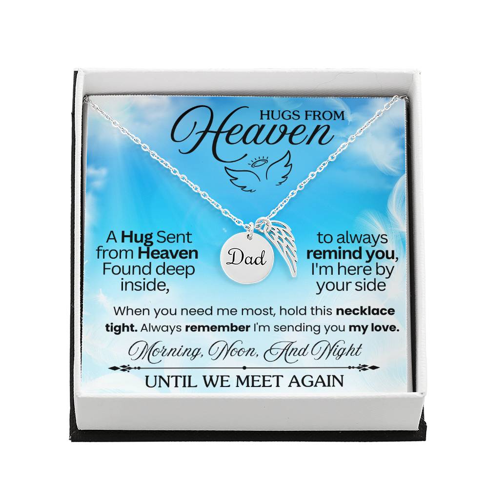 Message card with a memorial necklace Dad Product specifications: Polished Stainless Steel and 18k Yellow Gold over Stainless Steel. Pendant Dimensions, Circle 0.5" (13mm), Wing 0.625" (10mm) Adjustable 18"-22" cable chain Lobster clasp closure.