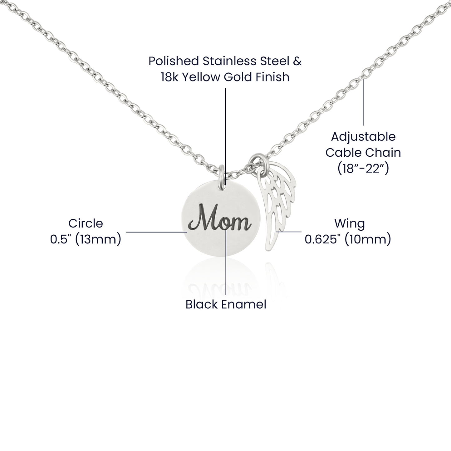 Message card with a memorial necklace Dad Product specifications: Polished Stainless Steel and 18k Yellow Gold over Stainless Steel. Pendant Dimensions, Circle 0.5" (13mm), Wing 0.625" (10mm) Adjustable 18"-22" cable chain Lobster clasp closure.