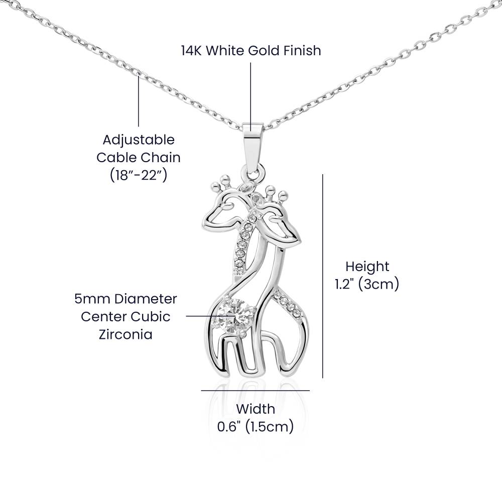 gift card with 2 giraffes intertwined necklace pendant necklace on it and