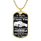 Luxury Military Necklace: 24" (61cm) with upgraded clasp Dog Tag:&nbsp;28.5mm x 51mm Gold finish 