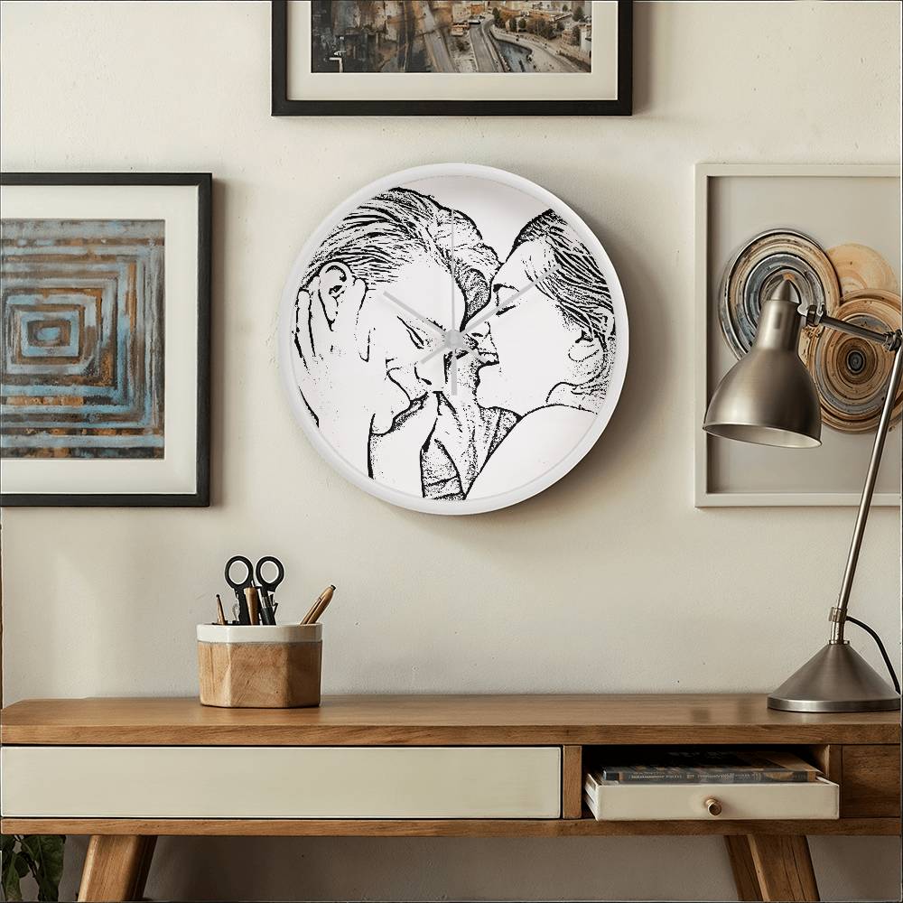 happy couple wall clock line drawing