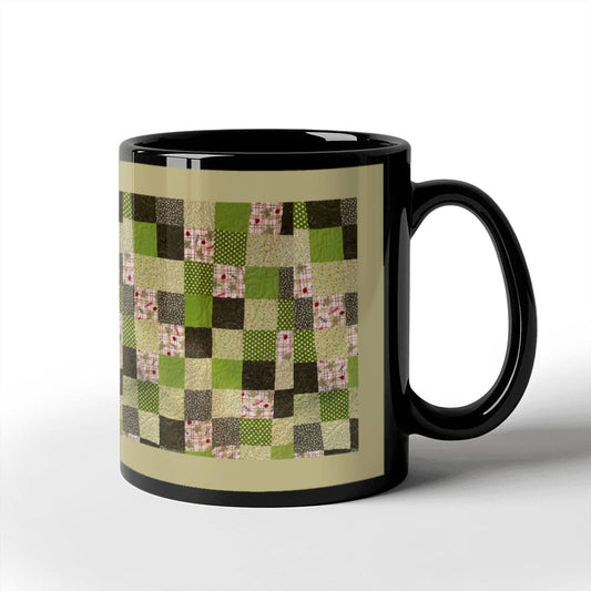 Green quilt for Black Ceramic Mug Tan border