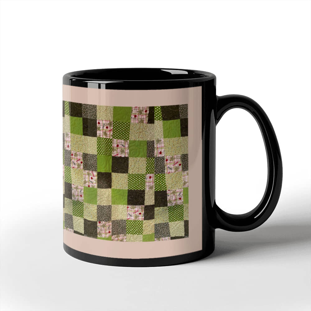 Green quilt for Black Ceramic Mug Pink border