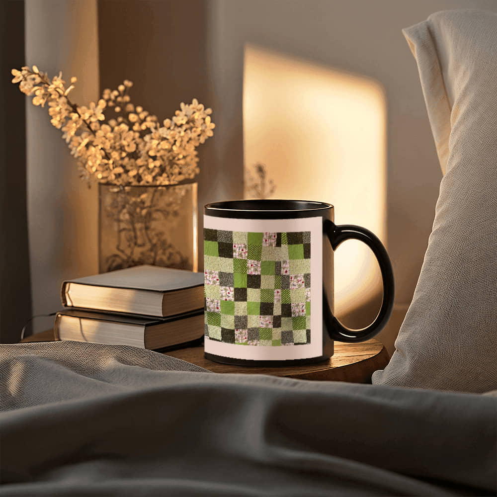 Green quilt for Black Ceramic Mug Pink border