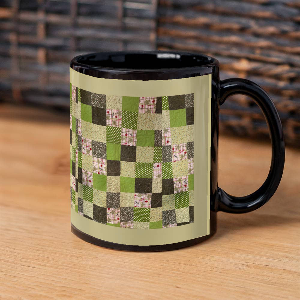 Green quilt for Black Ceramic Mug Tan border