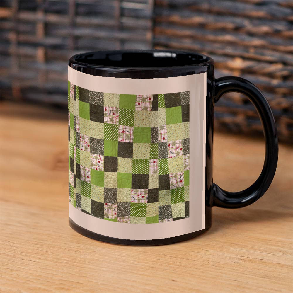 Green quilt for Black Ceramic Mug Pink border