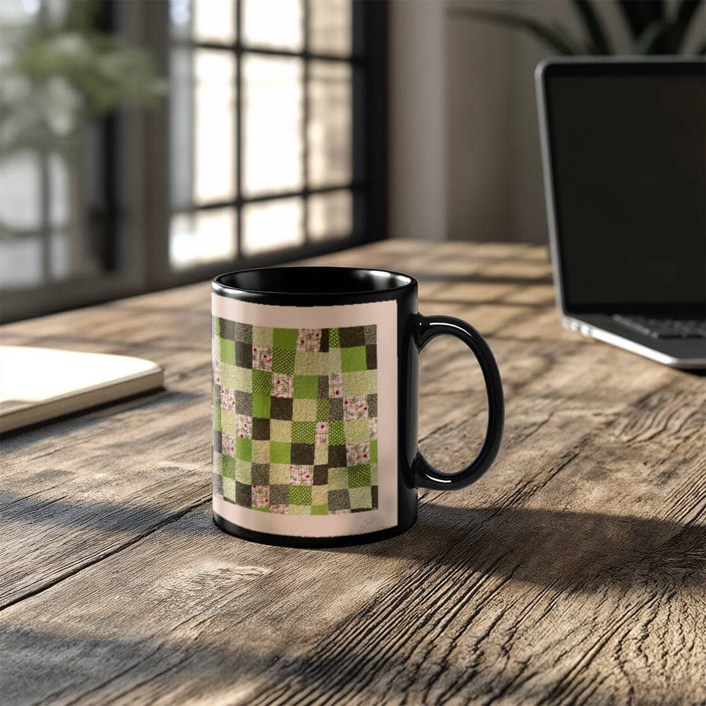 Green quilt for Black Ceramic Mug Pink border