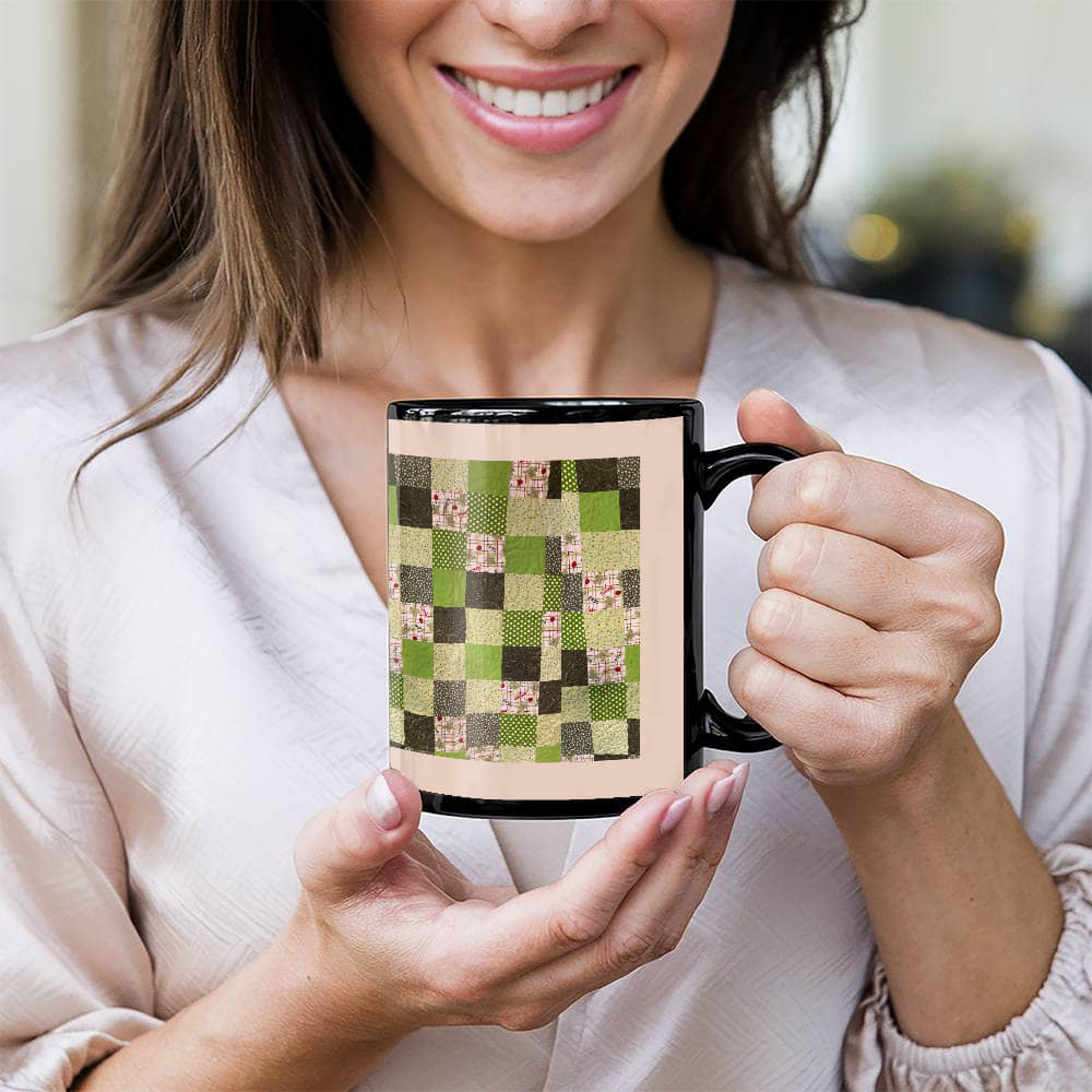 Green quilt for Black Ceramic Mug Pink border