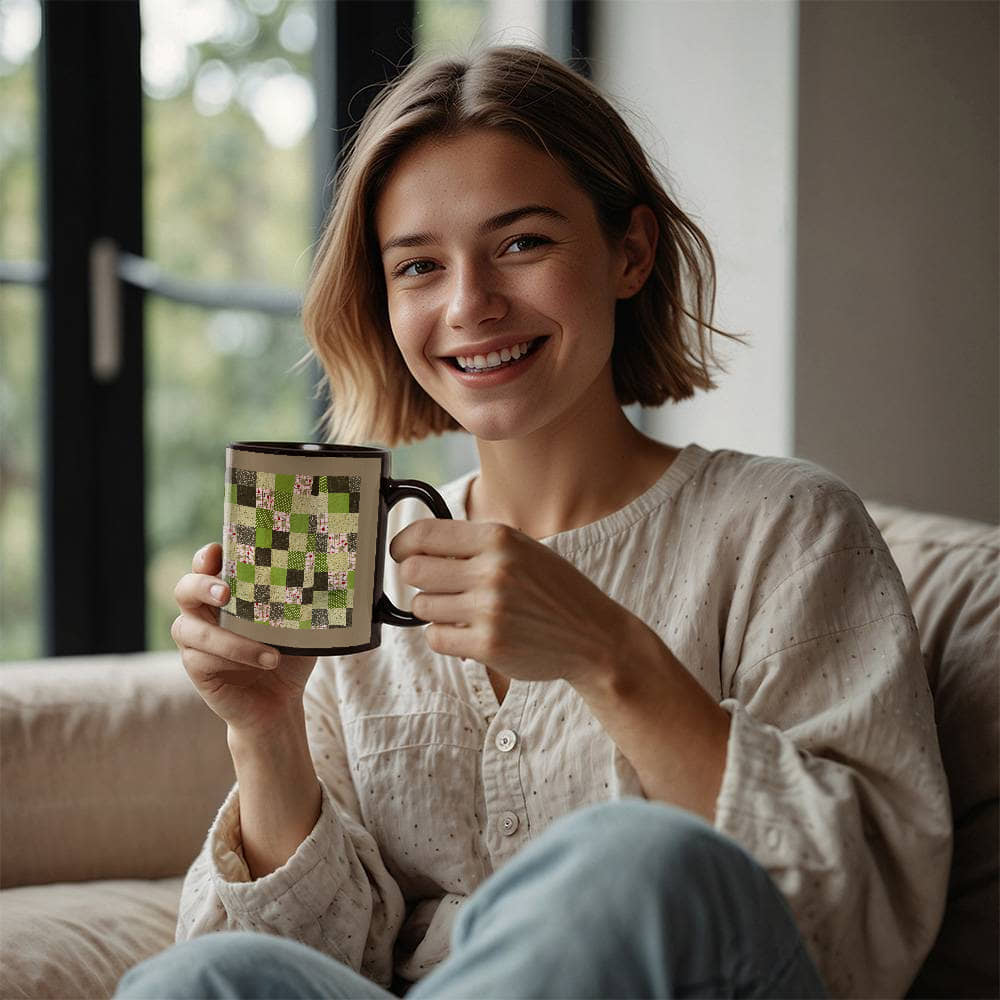 Green quilt for Black Ceramic Mug Gray border