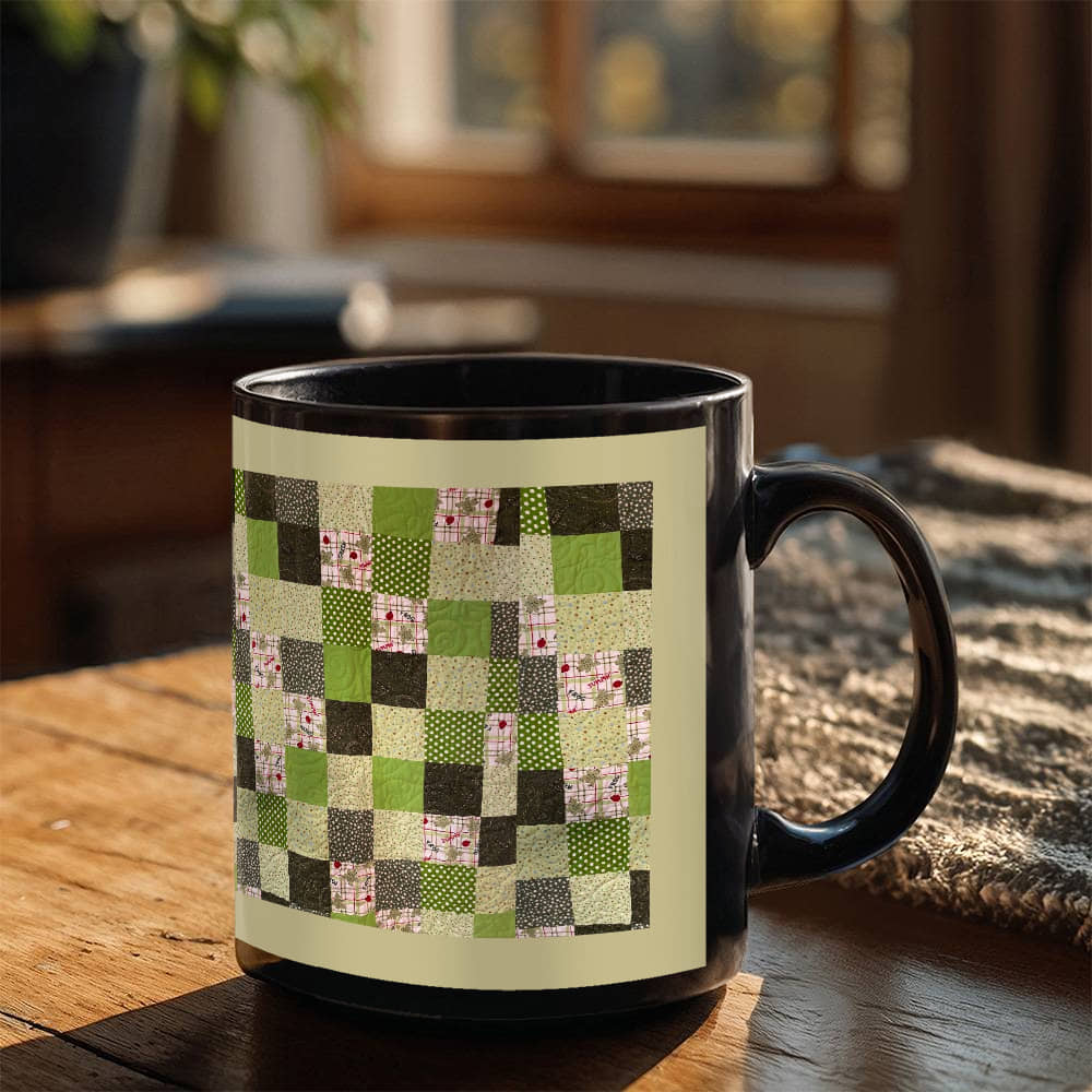 Green quilt for Black Ceramic Mug Tan border