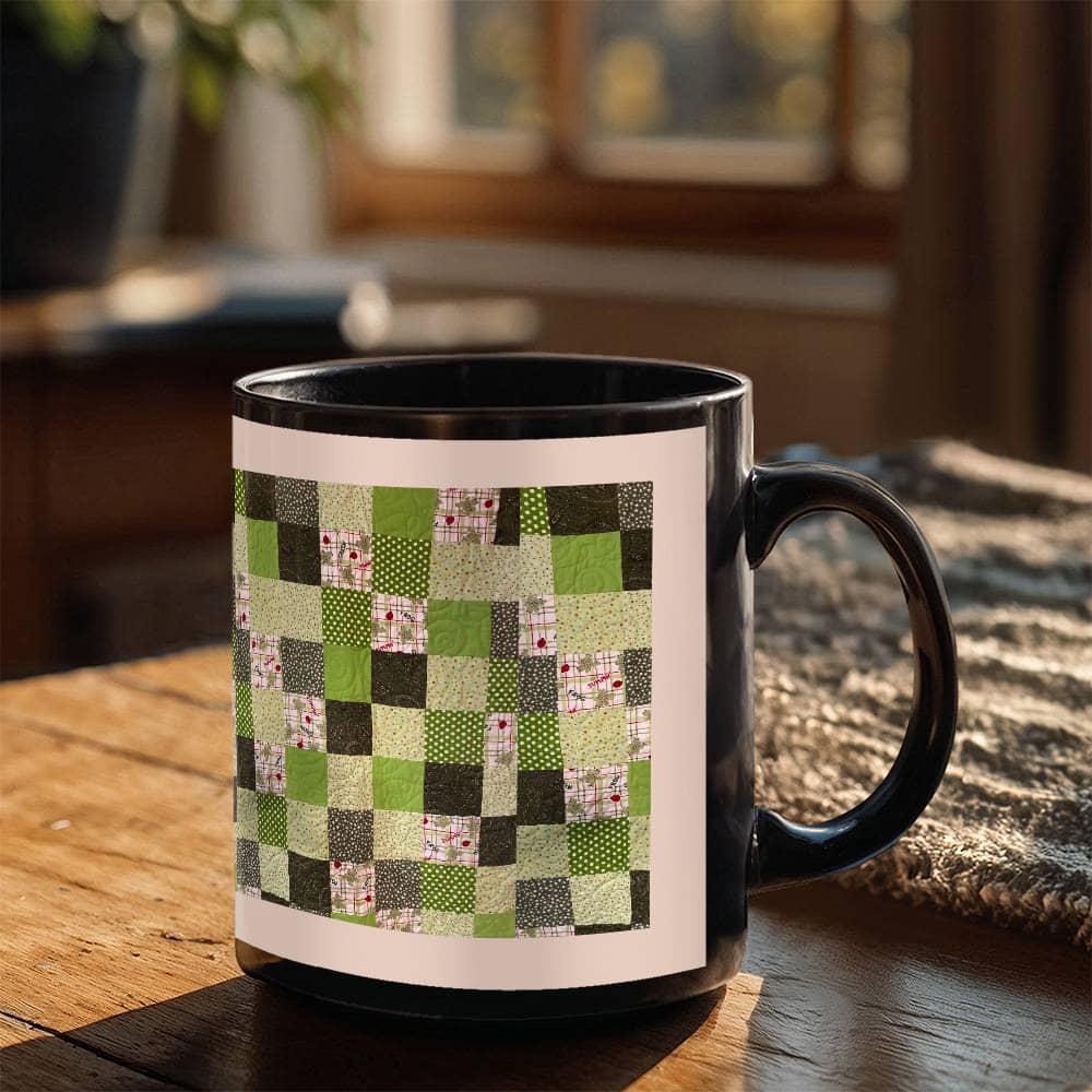 Green quilt for Black Ceramic Mug Pink border