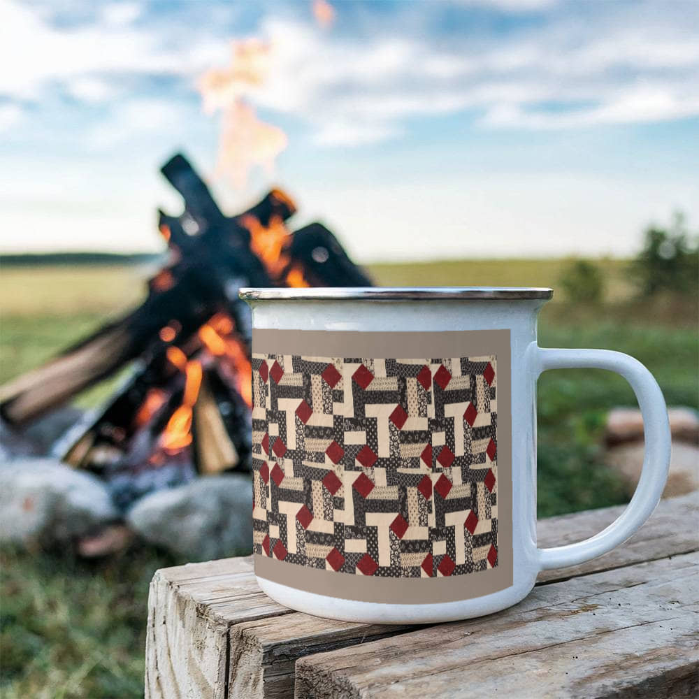 Red diamond quilt mug brown background